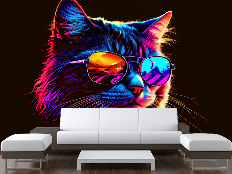 Non-Woven Photo Mural Print For Gym, Office, Workshop "Neon Cat"