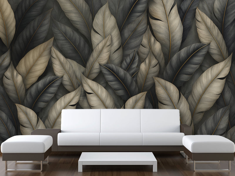 Natural Print Vinyl Wallpaper Peel and Stick For Living Room, Bedroom "Dark Chic: Abstract Leaves"
