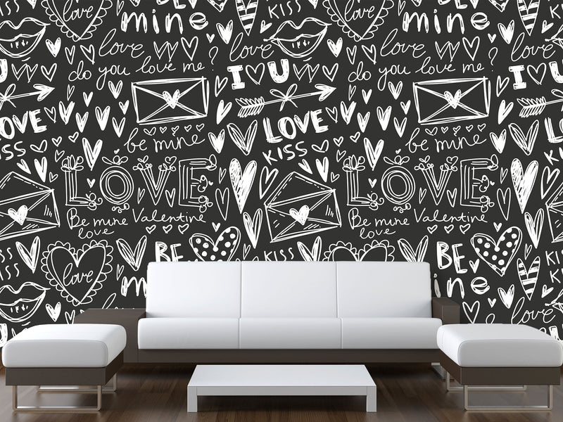 Black And White Graffiti Vinyl Wallpaper Peel and Stick For Room, Creative Space "Letters Of Love" ✉️