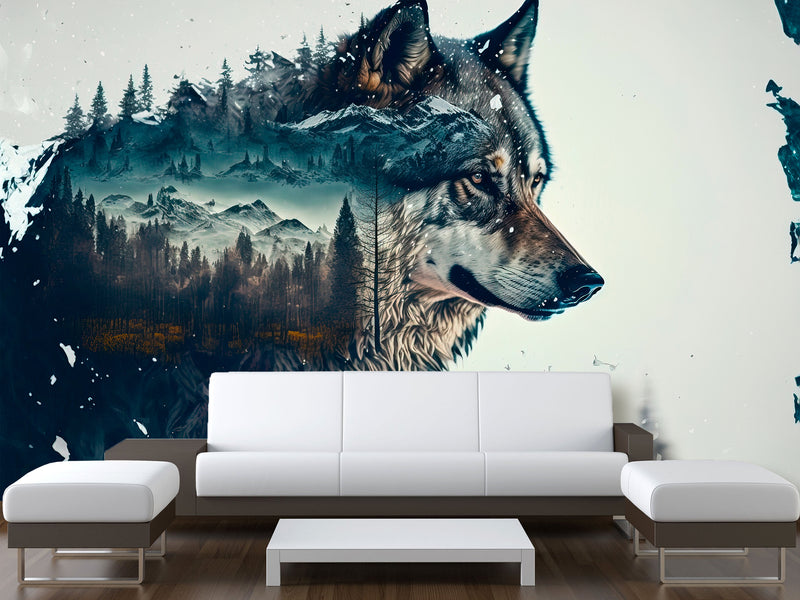 Peel and Stick Double Exposure Wolf and Forest – Wall Decor for Bedroom, Living Room, or Office