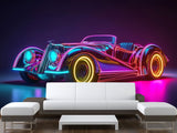 Self-Adhesive Wall Mural for Home Interior Peel and Stick Wallpaper Retro Car in Neon Lights Prant for Bedroom or Gym