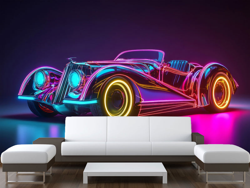 Self-Adhesive Wall Mural for Home Interior Peel and Stick Wallpaper Retro Car in Neon Lights Prant for Bedroom or Gym