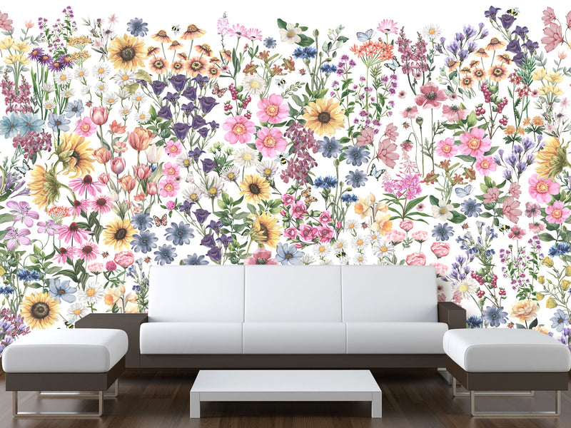 🌸Floral Print For Home Design Non-Woven Wall Murals "Watercolor Wildflowers" For Living Room, Creative Space, Bedroom 🌸