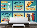Non-Woven Photo Wallpaper Stylish Retro Car Collage for Office, Living Room, or Gym