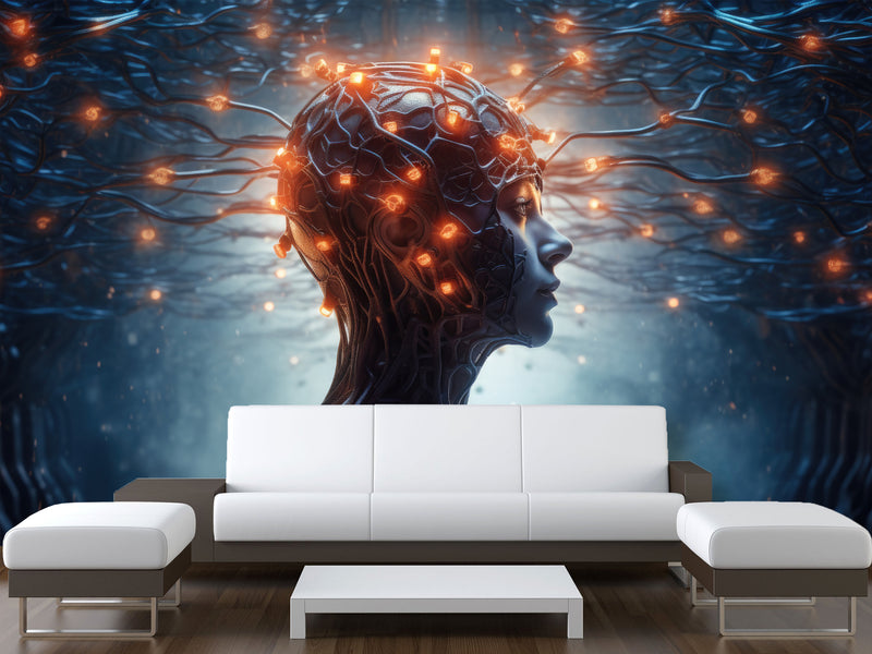 Futuristic Peel & Stick Wall Mural for Living Room, Office, or Gym – 'AI: Thoughts and Data'"