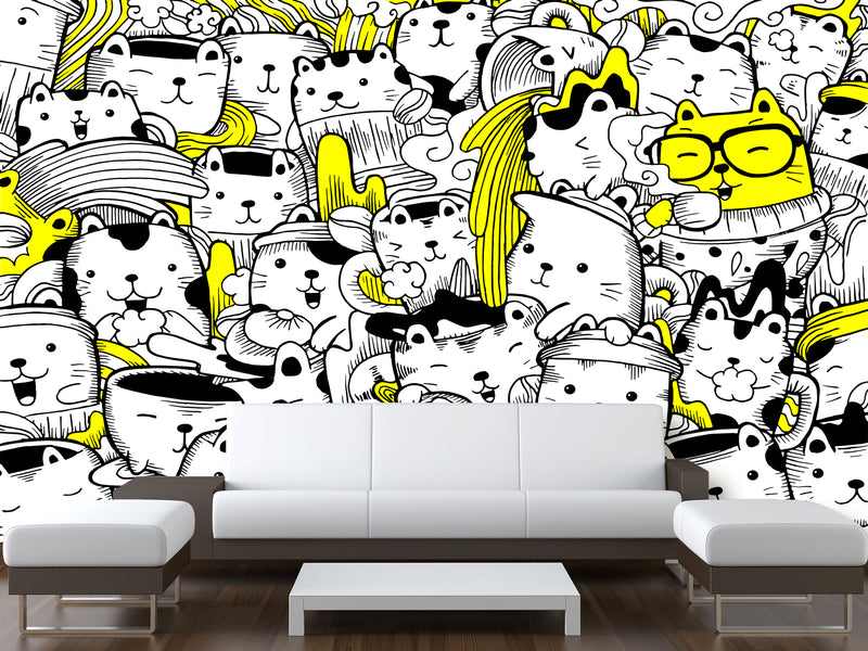 Peel & Stick Wall Mural for Office or Bedroom, Kids Room  – 'Busy Cats' Unique Wall Print