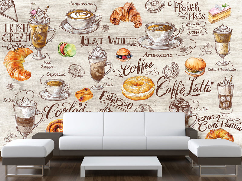Modern Non-Woven Mural Wallpaper, Vibrant Full-Wall Mural for Kitchen or Café Decor “Coffee and Dessert”