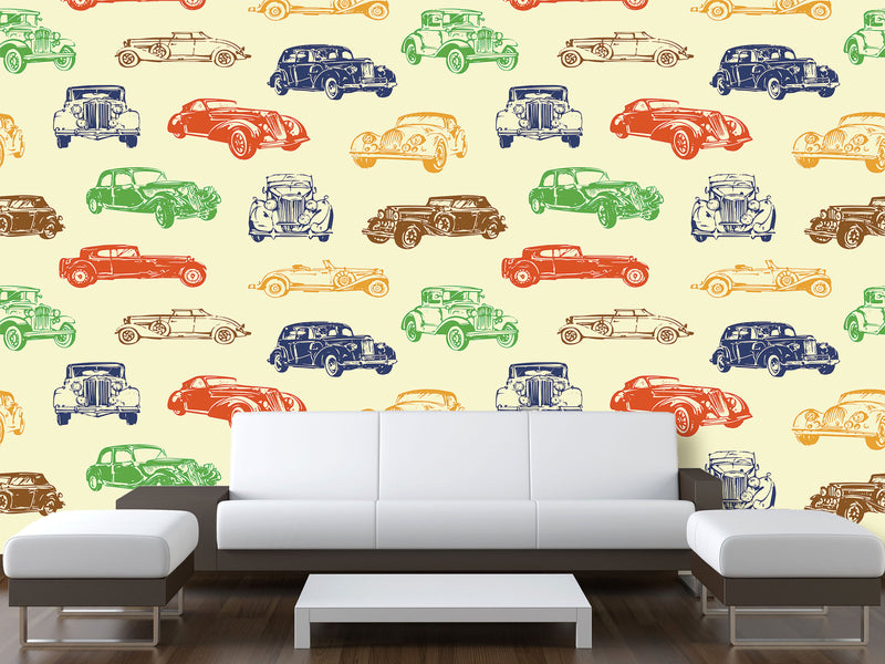Non-Woven Photo Wallpaper Multicolored Vintage Cars – Colorful Accent for Office or Living Space