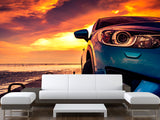 Non-Woven Photo Wallpaper Design For Gym, Living Room, Lounge Area "SUV On The Pier Lit By Sunset"