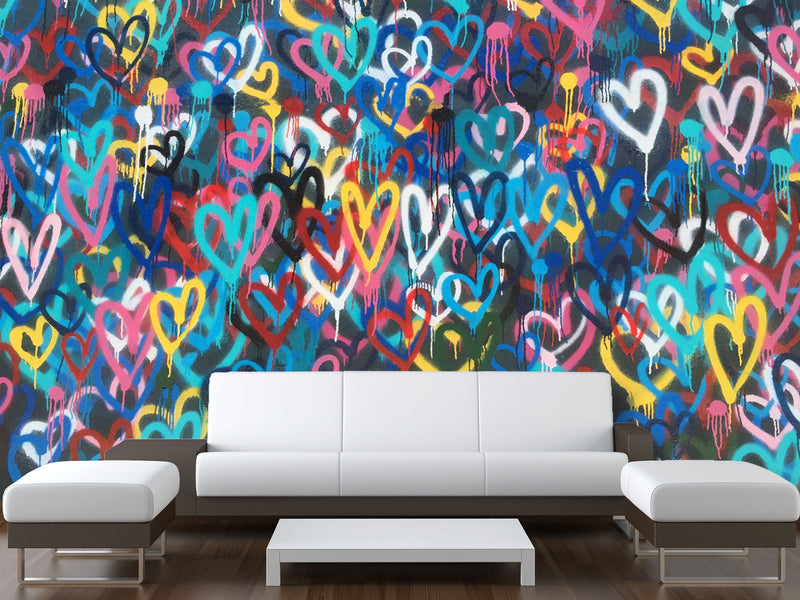 Non-Woven Wall Mural 3D Graffiti Wallpaper “Colorful Hearts” – For Accent Wall in Bedroom, Kitchen, or Living Room