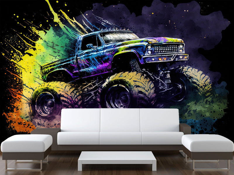 Full-Size Traditional Wallpaper Bold Decor for Workout Room or Office Epic Monster Truck Print Mural