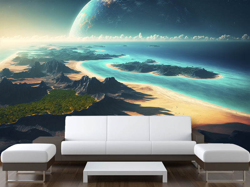 Fantastic Non-Woven Wall Murals “View of an Incredible Planet from the Beach” – Perfect for Bedroom or Living Room Design