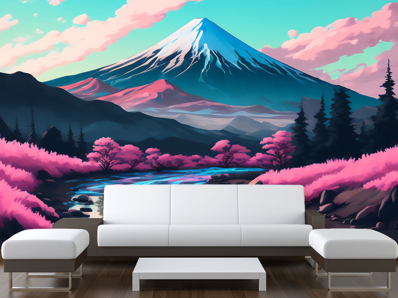 Artistic Design Vinyl Wallpaper Peel and Stick Wall Mural for Living Room, Office, Perfect for Creative Space "Mount Fuji in Anime Style" 🎨