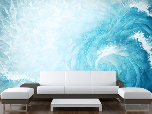 Abstract Self-Adhesive Wallpaper For Lounge Area, Relaxation, Bedroom 'Pastel Blue Wave Shape' Full-Wall 🌊