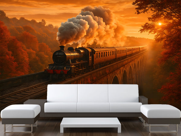 Print For Room Modern Design Self-Adhesive Wallpapers For Whole Wall Design For Bedroom Living Room "Train In Autumn Glow"