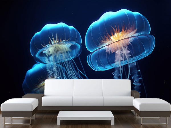 Sea Print Vinyl Wallpaper Peel and Stick – Unique Design Mural "Jellyfish", Wall Mural for Office or Living Room