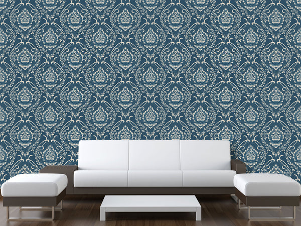 Vintage Non-Woven Photo Wallpaper Accent Wall Mural "Vintage Lotus Ornament on Dark Blue Background"