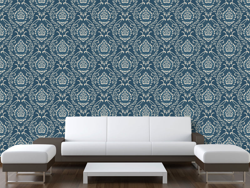 Vintage Non-Woven Photo Wallpaper Accent Wall Mural "Vintage Lotus Ornament on Dark Blue Background"