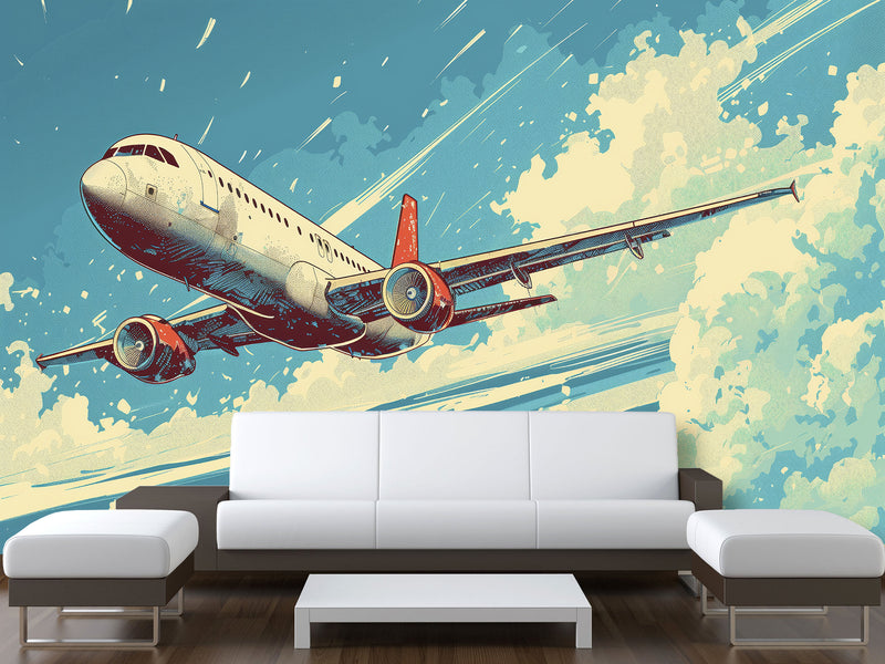 Peel and Stick Mural All Wall Eco-Friendly Materials For Living Room, Office "Airplane In The Blue Sky"