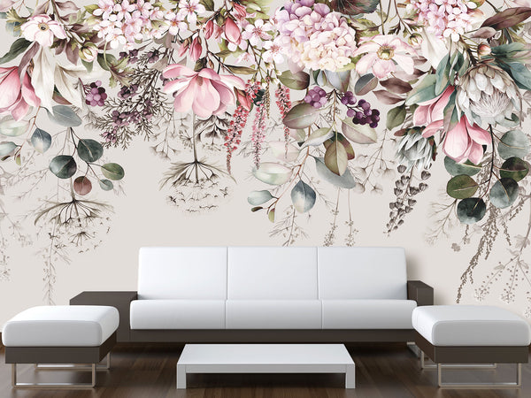 Floral Print Non-Woven Wallpaper – "Delicate Pink and White Flowers", Stylish Wall Mural for Home Interior
