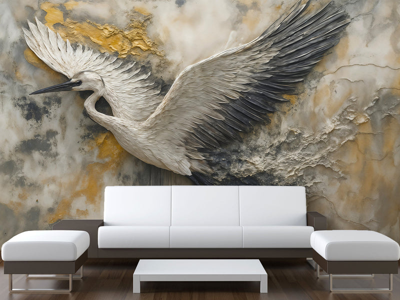 Non-Woven Wallpaper with Art Print "Flight of the Stork" — Artistic Wall Mural for Home Interior