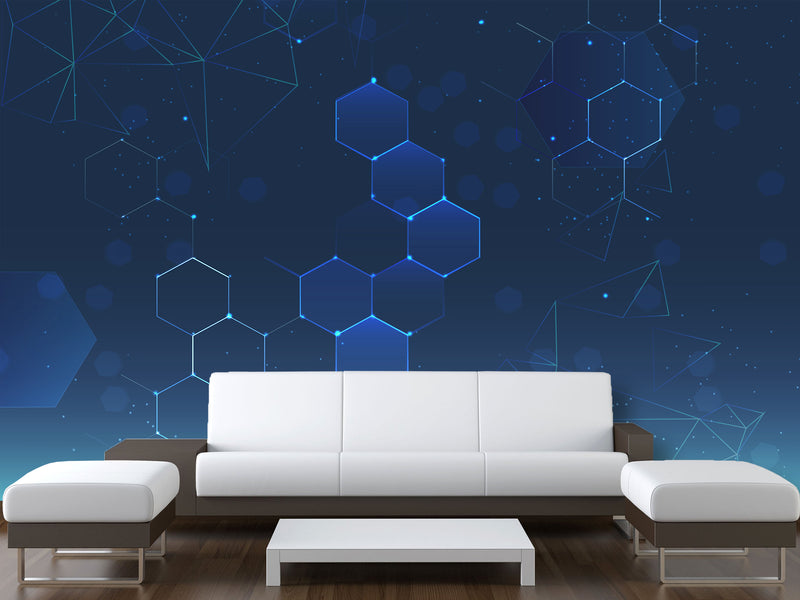 Blue Wallpaper Wall Print Peel And Stick Mural Wall Art For Bedroom, Kitchen, Living Room "Polyhedrons"