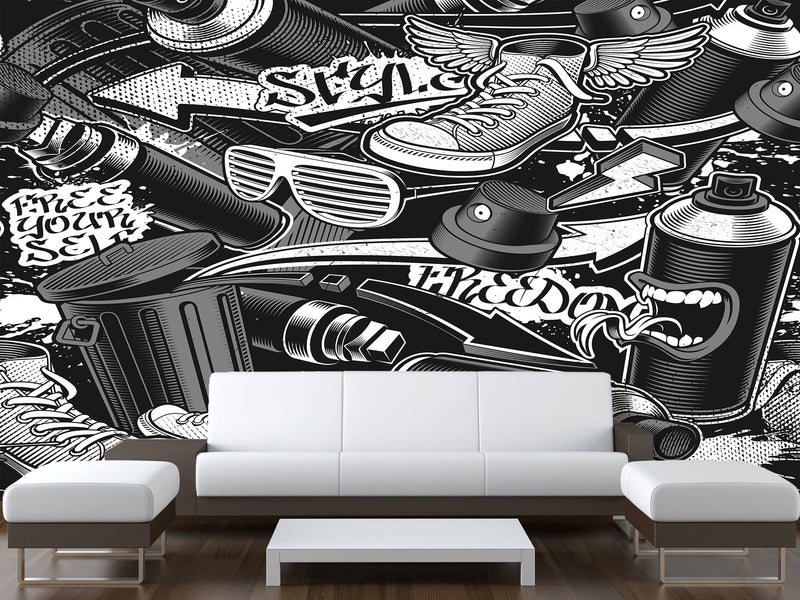 Comic Style Print High-Quality Vinyl Wallpaper Peel and Stick For Wall For Teen Room Studio "Black And White Graffiti"