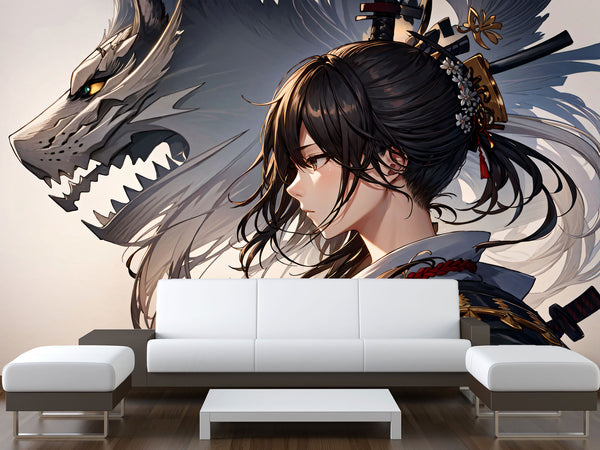 Traditional Anime-Style Wall Mural – "Samurai Girl" for Office or Living Room, Non-Woven Wallpaper