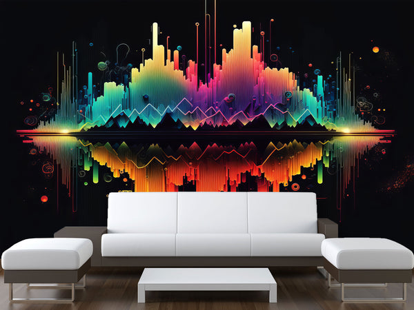 Non-Woven Wallpaper Art Design For Living Room, Bedroom, And Office Inspirational Print "Bright Sound Waves With Neon Gradient" 🎶