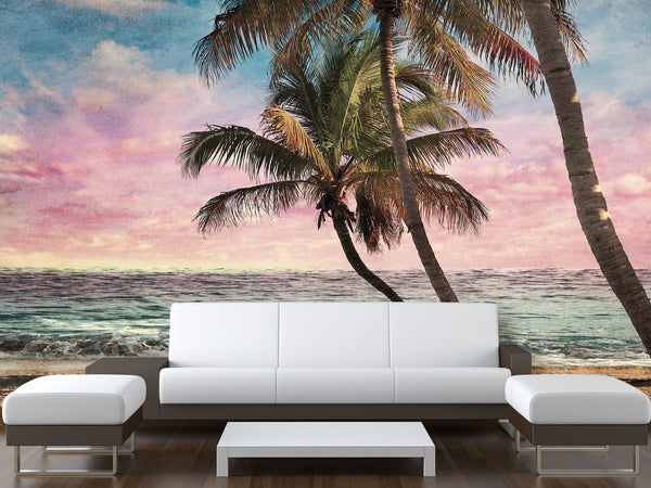 Natural Print Traditional Wall Mural 'Tropical Beach at Sunset', Decor for Office, Bedroom, Living Room