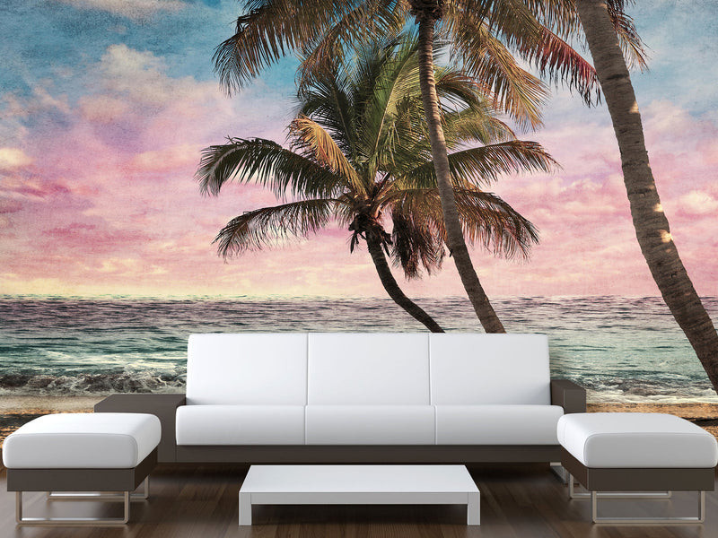 Natural Print Traditional Wall Mural 'Tropical Beach at Sunset', Decor for Office, Bedroom, Living Room