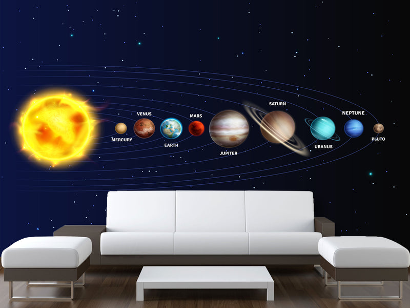 Traditional Wallpaper Mural – Solar System: From the Sun to Pluto – Full Wall Design for Office or Workspace