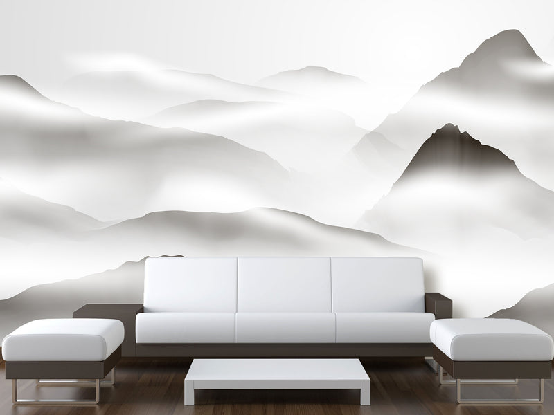Natural Wall Mural, Calm Tones for Hall or Living Room, Non-Woven Full Wall Mural "Silhouettes of Mountains in Clouds" 🌄