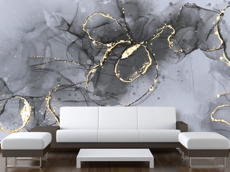 Abstract Style Full Wall Traditional Mural "Grey and Gold Blizzard" For Living Room, Relax Zone, Bedroom