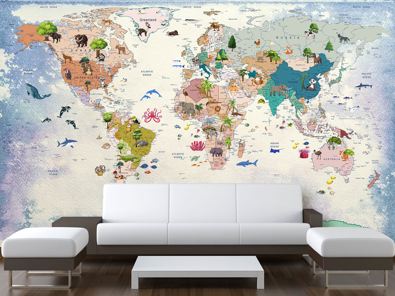 Decor for Kids room, Peel and Stick Oracal film with the pattern “Kids map of the world”