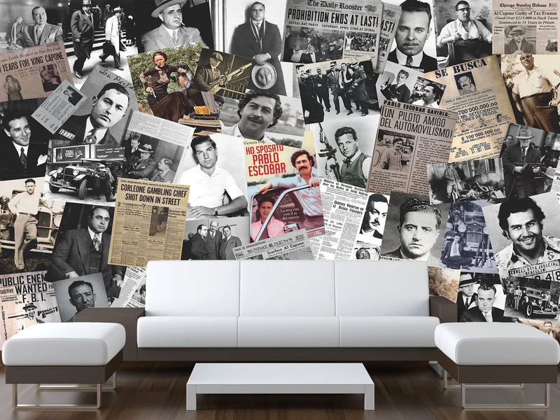 Traditional Mural Wallpaper for Gym, Office, or Lounge – "Gangster Poster Collage", Vintage Wallpaper Featuring Crime Bosses
