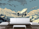 Full Wall Traditional Wallpaper For Office, Home Workspace, Or Studio "Aircraft Flying In The Sky Over Mountains" Comic Style