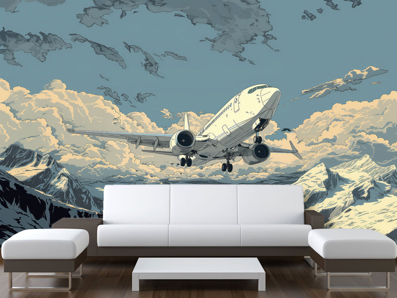 Full Wall Traditional Wallpaper For Office, Home Workspace, Or Studio "Aircraft Flying In The Sky Over Mountains" Comic Style