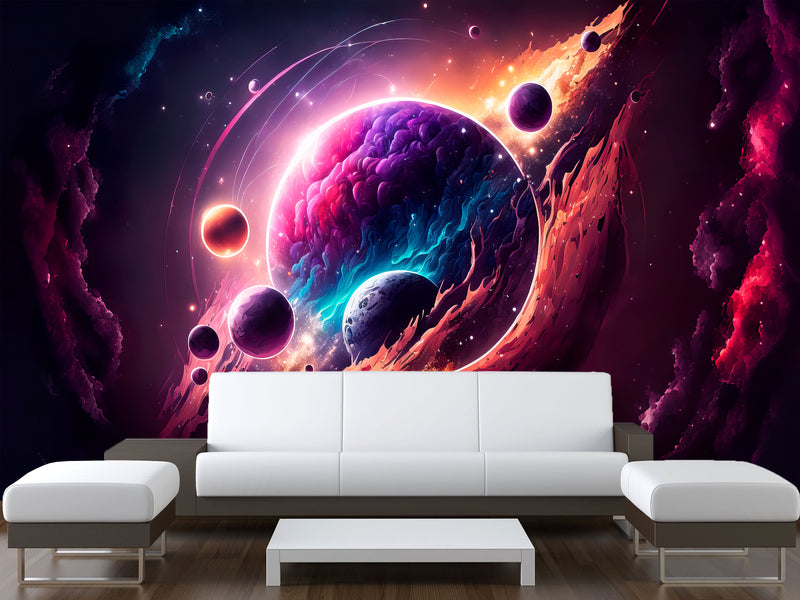 Self-Adhesive Vinyl Wallpaper Print for Office or Bedroom Planetary Dance in the Galaxy Peel & Stick Mural
