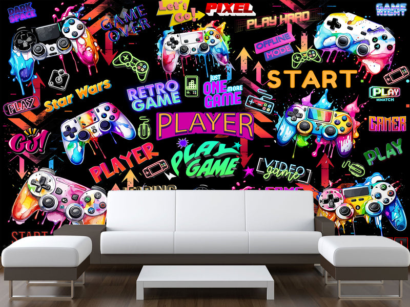 Modern Vibrant Vinyl Wallpaper Peel and Stick “Adrenaline of Victory” – Perfect for Video Game Lovers, Bedroom, Living Room, and Kids’ Room Desing