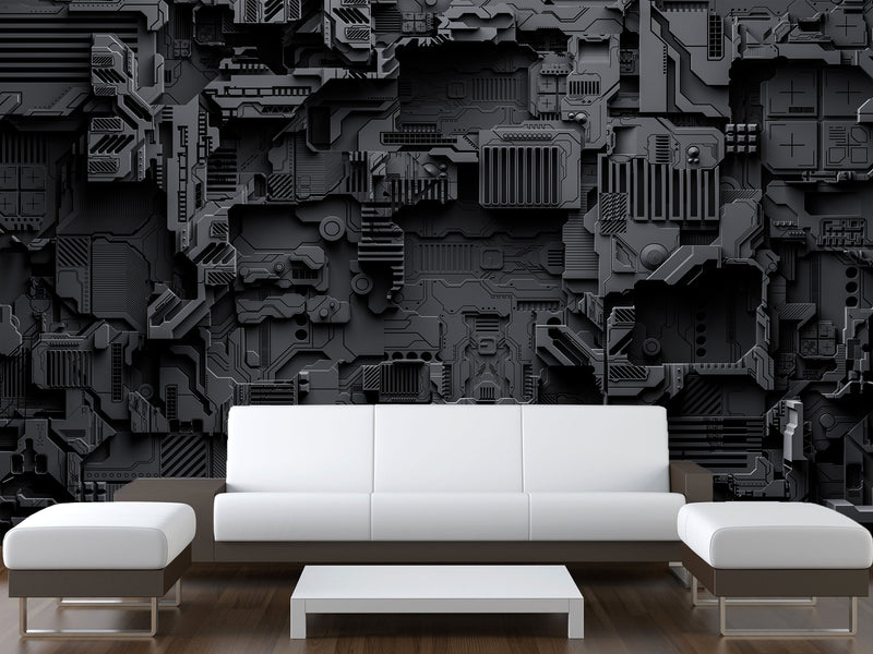Peel and Stick Vinyl Wallpaper Technological Plating Spaceship Robot Abstract Graphics Style for Gym & Living Room