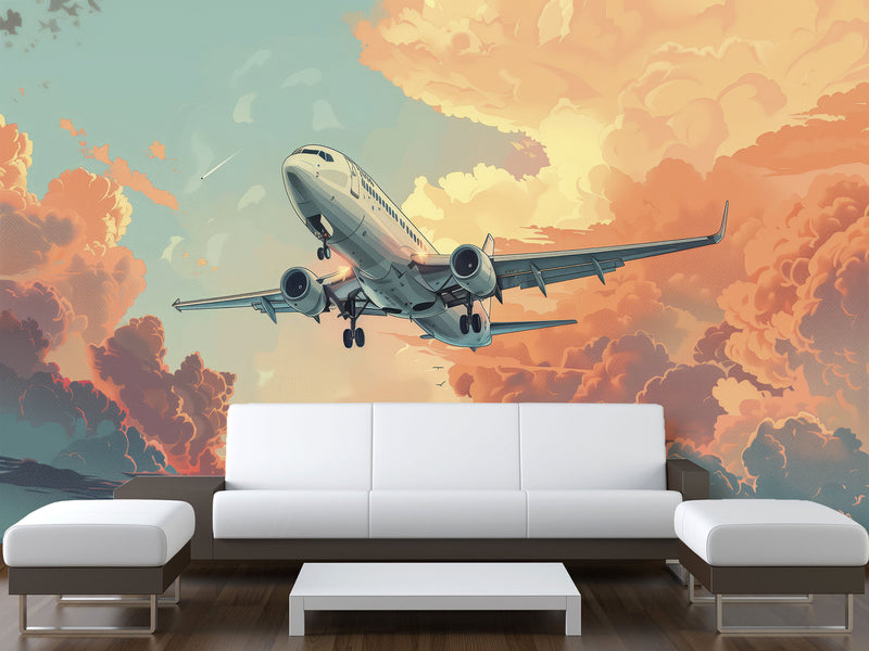 Vinyl Wallpaper Peel and Stick Comic Style Print Mural For Bedroom, Kids Room "Airplane Flying Through the Evening Sky"