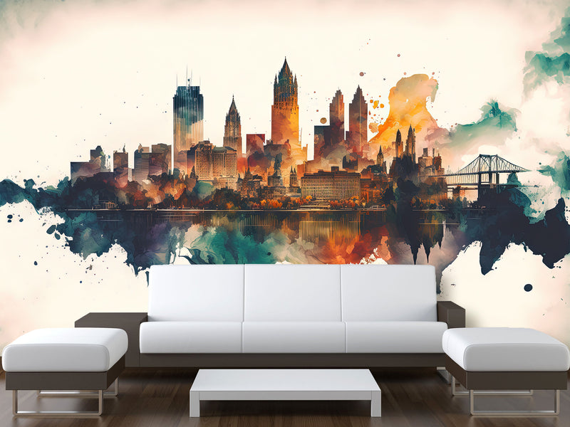 Full-Wall Mural Vinyl Wallpaper Peel and Stick Design For Workshop, Office, Or Hall “City In Watercolor”