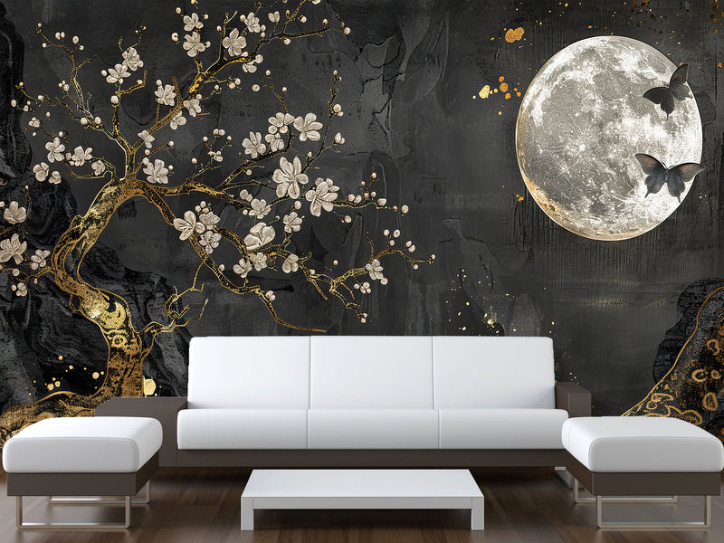 Non-Woven Mural Art Accent Wall For Bedroom, Lounge Area "Golden Plum Tree In Moonlit Night – Mural Background"