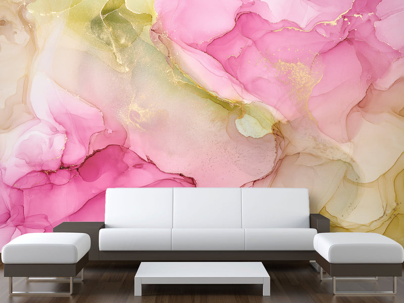 Pink and Green Abstract Intertwining. Self-Adhesive Wallpaper Art Print for Walls. Unique Abstraction Décor for Living Room or Hall "Abstract Flower Petal" 🌸