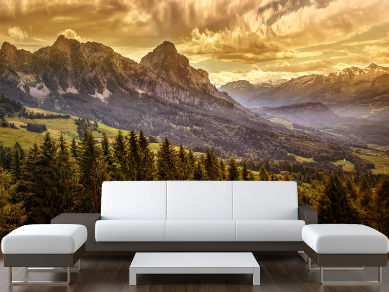 Traditional Full Wall Mural for Lounge or Bedroom – Mountains, Valleys, and Forest Landscape