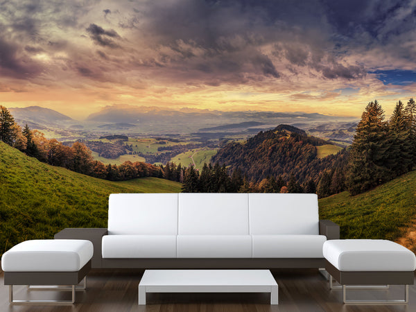 Peel and Stick Full Wall Mural Print Cloud Mist Over Plains and Forest Wallpaper for Bedroom, Living Room, or Lounge
