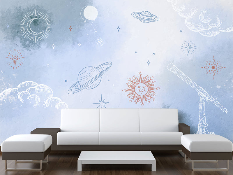Self-Adhesive Wallpaper Made from Eco-Friendly Materials for Bedroom, Living Room, and Kids' Room “Planets, Moon, and Sun in the Clouds”
