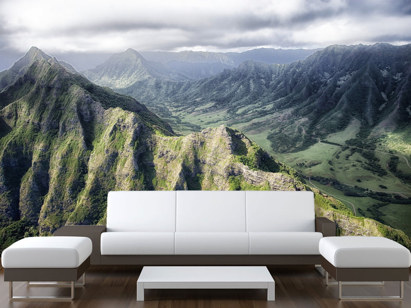 Motivational Art Print for Relaxation, Vinyl Wallpaper Peel and Stick Mural for Living Room 'Mountains from Above', 3D Wall Mural