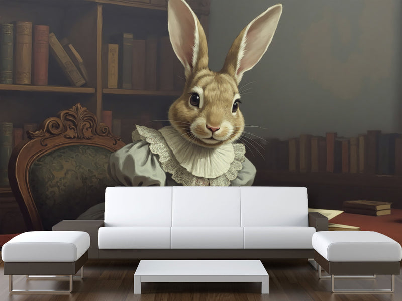 Wall mural Peel and Stick vinyl “Rabbit with a book”, vintage home decor